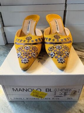 Manolo Blahnik yellow stitched linen mules